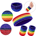 Pikkukuva 3 / 7: 3-osainen set, sisältää urheilullinen päänauhan ja rannenauhat, raidalliset hikinauhat urheilullisille miehille ja naisille (Rainbow) 3 dollaria.