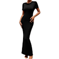 Miniatyrbild 2 av 4: Dam Kortärmad Bodycon Maxiklänning Rund Hals Fisksvansfåll Casual Slim Fit Midiklänning Svart S
