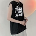 Miniatyrbillede 6 af 8: Mænd Tanktop Smuk Print Ærmeløs Løstsiddende Vest Skåret Skjorte til Hjemmetræning Sort L