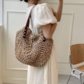 Miniatyrbillede 5 af 5: Hulvævet strandtaske til kvinder, håndvævede boheme-skuldertasker, kurvtaske, stråtaske, raffia-taske, sommerhalmtaske med lynlås og læder