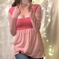 Miniatyrbild 1 av 4: Randig T-shirt för Kvinnor Färgblock Shirrad Byst Långärmad Casual Splicing Blus Rosa XL