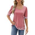 Miniatyrbild 2 av 4: Dam Tryckskarvning Färgblock Blus Puff Kort Ärm Sidsöm Split Mjuk Andningsbar Trendig Pullover Blus Rosa XL