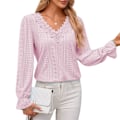 Miniatyrbild 2 av 4: Spets V-ringning Blus Casual Figursydd Enfärgad Ihålig V-ringning Spets Långärmad Blus för Kvinnor Rosa M