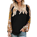 Miniatyrbild 2 av 2: Dam Blus Splicing Tryck Långärmad V-ringning Lös Passform Dam Casual Pullover Topp för Arbete Dejting Resor Svart L