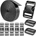 Miniatyrbillede 1 af 4: Kraftige spænder og remsæt 1\": 4 m tyk nylon webbing, 5-pak justerbare hurtig sideudløser plastikspænder, 10 tri-glide glideclips