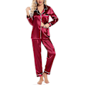 Miniatyrbild 3 av 5: Siden Satin Pyjamas Set Dam Långärmad Sovkläder Mjukt Pyjamasset Tvådelat Knäppning Pyjamasset Med Fickor S-xxl