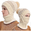 Miniatyrbillede 1 af 5: Dame Vinter Varm Strikket Hue Halsvarmer Sæt, Dobbelt Lag Fleeceforet Beanie Hue, Beige