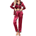 Miniatyrbild 1 av 5: Siden Satin Pyjamas Set Dam Långärmad Sovkläder Mjukt Pyjamasset Tvådelat Knäppning Pyjamasset Med Fickor S-xxl