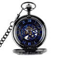 Miniatyrbillede 2 af 4: #U Ørn/Engel/Fenix Blå Romertal Urværk Lommeur Stål Skelet Vedhæng Halsk Sort#