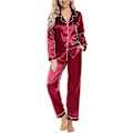 Miniatyrbild 2 av 5: Siden Satin Pyjamas Set Dam Långärmad Sovkläder Mjukt Pyjamasset Tvådelat Knäppning Pyjamasset Med Fickor S-xxl