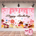 Miniatyrbillede 1 af 5: Dessert-temaet Happy Birthday Banner Pink Fødselsdag Baggrundsdekoration Dessert Baggrund til Fødselsdagsfest Dekoration Fotografi Baggrund