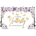 Pikkukuva 3 / 5: Baby Shower -tausta violetti kukkainen kultainen perhonen tytöt prinsessa valokuvaustausta kakkupöytäbanneri tyttö 1. syntymäpäiväjuhlan koriste 7x5ft