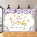 Pikkukuva 4 / 5: Baby Shower -tausta violetti kukkainen kultainen perhonen tytöt prinsessa valokuvaustausta kakkupöytäbanneri tyttö 1. syntymäpäiväjuhlan koriste 7x5ft