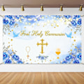 Miniatyrbild 1 av 5: Första Högmässan Bakgrundsbanner Dop Dop Gud Välsigne Festdekorationer Banner Blå Första Högmässan Baby Shower Bakgrund för Pojkar
