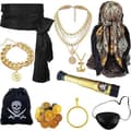 Halloween Pirat Cosplay Tilbehørssæt, Pandebånd, Bælte, Halskæde & Armbånd til Udklædning Sort (10-dele sæt)