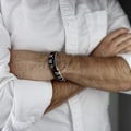 Miniatyrbillede 4 af 5: Herre Dobbelt-Række Flettet Læder Armbånd Bangle Armbånd med Rustfrit Stål Ornamenter（Sort-Sort）