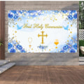 Miniatyrbild 4 av 5: Första Högmässan Bakgrundsbanner Dop Dop Gud Välsigne Festdekorationer Banner Blå Första Högmässan Baby Shower Bakgrund för Pojkar