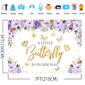Pikkukuva 5 / 5: Baby Shower -tausta violetti kukkainen kultainen perhonen tytöt prinsessa valokuvaustausta kakkupöytäbanneri tyttö 1. syntymäpäiväjuhlan koriste 7x5ft