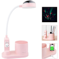 Pikkukuva 1 / 7: LED-työpöytälamppu, 2000mAh Latautuva Akku Oppimiseen, Lasten Työpöytä, USB 3 Kirkkautta, Tähtiprojektori ja Kynäteline Pink
