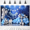 Miniatyrbilde 1 av 5: Blå himmel blinkende stjerner ballonger gutter 1. bursdagsfest ett år gammel kakesmash dekor bakgrunn for hjemmefest banner fotostudio, 7x5ft