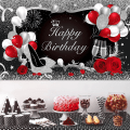 Miniatyrbillede 5 af 5: Sølv og sort Happy Birthday baggrund Happy Birthday banner rød store pailletter høje hæle champagne rose balloner baggrund, 72,8 x 43,3 tommer