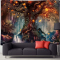 Pikkukuva 3 / 5: Taianomainen metsägobelini Elämänpuu Gobelini Trippy seinävaate Seinävaate makuuhuoneeseen (150x200cm)