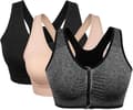 3-pack Women's Front Zip Sports Bra, Wireless, Comfortable Post-Surgery Bra with Removable Pads B B B
