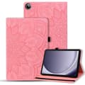 Kompatibel med Samsung Galaxy Tab A9+ skyddsfodral, präglat läder, kalvskinnsstruktur. Rosa