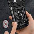 Miniatyrbillede 4 af 10: Beskyttende Hybrid Armor Etui med Kameraskærm & Stand til iPhone 16 Plus - Sort
