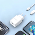 Miniatyrbild 9 av 9: Dudao A4EU USB-A Nätladdare 2.1A - Vit + USB-A till Micro USB-Ka