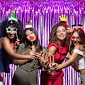 Miniatyrbilde 5 av 5: /#/(2-pakning, 1x2,5m) Rosa folie frynse gardin bakteppe, Sparkle Tinsel/#/