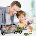Pikkukuva 4 / 4: Dinosauruksen leluauto, lasten auto, satunnainen 3 pientä dinosaurusta, tyttö ja