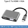 Miniatyrbild 1 av 5: USB-C till HDMI VGA-adapter, 2-i-1 Typ C till HDMI 4K, VGA 1080P C