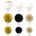 Miniatyrbillede 2 af 4: Sorte og Hvide Guld Vævspapir Pom Poms - Sæt af 18 til Fest