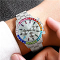 Miniatyrbillede 4 af 6: ##/Kvartsur Chronograf Guldton/Regnbue Rhinestone Diamanter##/