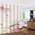 Miniatyrbillede 2 af 5: 1 stk. bruseforhæng med kroge, fugle huse blomster mønster, skimmelresistent, polyester bruseforhæng, 180 x 180 cm