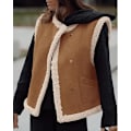 Miniatyrbillede 5 af 5: (M) Damer Vinter Kunstlæder Vest Ærmeløs Knaplåse Fleece Sherpa Foret Jakke Mode Afslappet Yderbeklædning Frakke