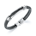 Miniatyrbild 1 av 5: Svart läderarmband för män, tonårspojkar, silverfärgat rostfritt stål, justerbart spänne