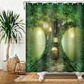 Miniatyrbillede 3 af 4: 180x180cm Magisk Træhus Bruseforhæng Fantasy Skov Træ Grene Græs Badeforhæng Natur Fe Rige Badeforhæng til Børnebadeværelse med Kroge