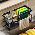 Miniatyrbild 4 av 4: Svart multifunktionell 2-i-1 diskhoorganiserare för kök, svampställ utan borrning