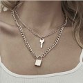 Miniatyrbillede 1 af 3: Lås Nøgle Vedhæng Halskæde Statement Lang Kæde Punk Multilayer Choker Halskæde f
