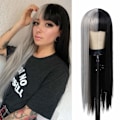 Miniatyrbillede 1 af 5: Halv Grå Halv Sort Paryk Lang Lige Pandehår Cosplay Naturlig Paryk