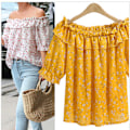Miniatyrbild 2 av 3: Kvinnor Tryckt Off Neck Trim Ruffle Stylish Chiffon Top,1PC-GUL