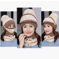 Miniatyrbild 2 av 5: Hiv mode ridning hatt öra skyddande ull hatt mask slipsar mode koreanska stickad varm tredelad hatt set (beige)