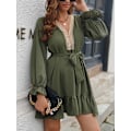 Miniatyrbillede 4 af 5: Womens Spring Summer Knot Front V Neck Ruffles Langærmet Swing