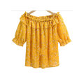 Miniatyrbillede 3 af 3: Damer Trykt Off Neck Trim Ruffle Stilful Chiffon Top, 1PC-GUL
