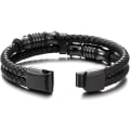 Miniatyrbillede 4 af 5: Herre dobbelt række sort flettet læderarmbånd bangle armbånd med sorte rustfrie stål ornamenter