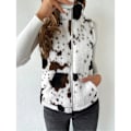 Miniatyrbillede 3 af 5: (M) Kvinders Ko-Print Fleece Fuzzy Lynlåsvest Jakke Ærmeløs Yderbeklædning med Lommer