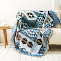 Pikkukuva 2 / 3: Bohemian Blue Ethnic Woven Geometric Blue and Khaki Sofa Throw for Couch, Aztec Bed Throw, Oversized Sofa Cover with Tassels (90*150cm)