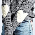 Miniatyrbilde 2 av 5: Kvinners søte hjertemønster albue lappeteppe casual crewneck strikkede